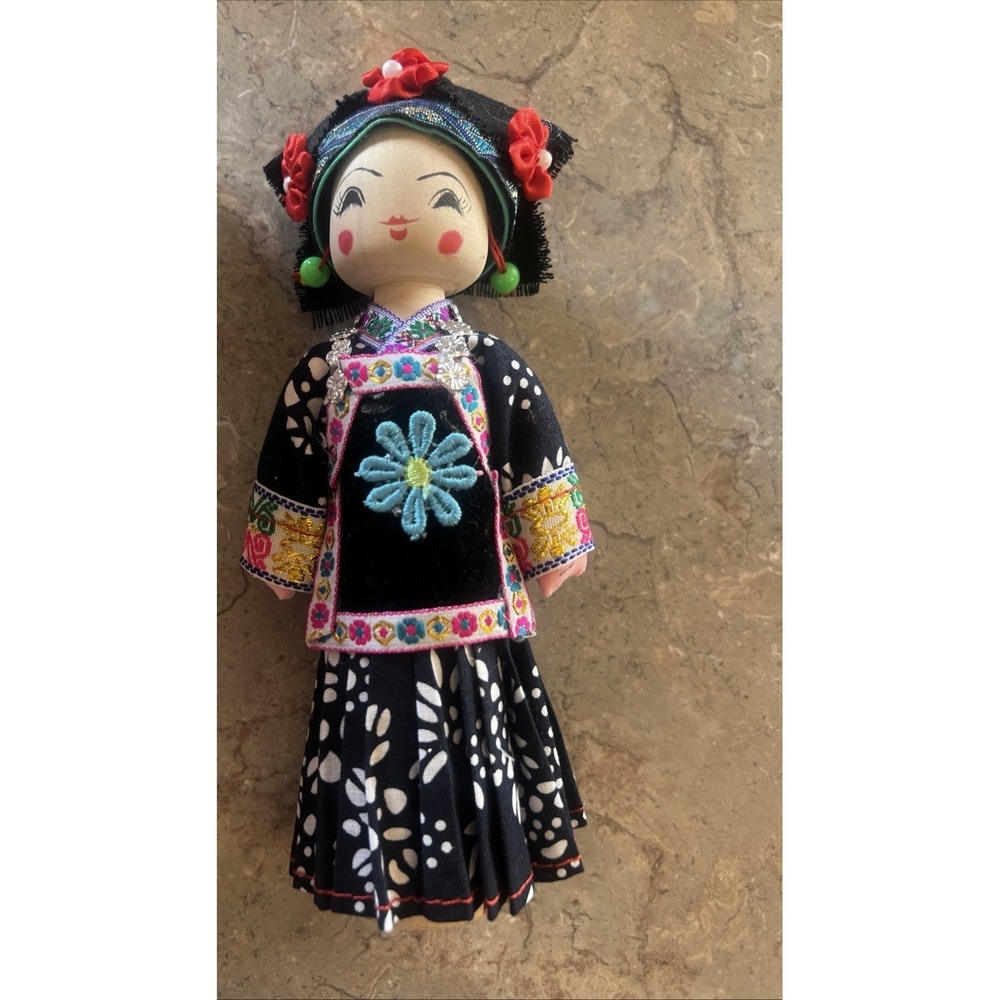 Chinese Doll Wood and Cloth Handcrafted 8"